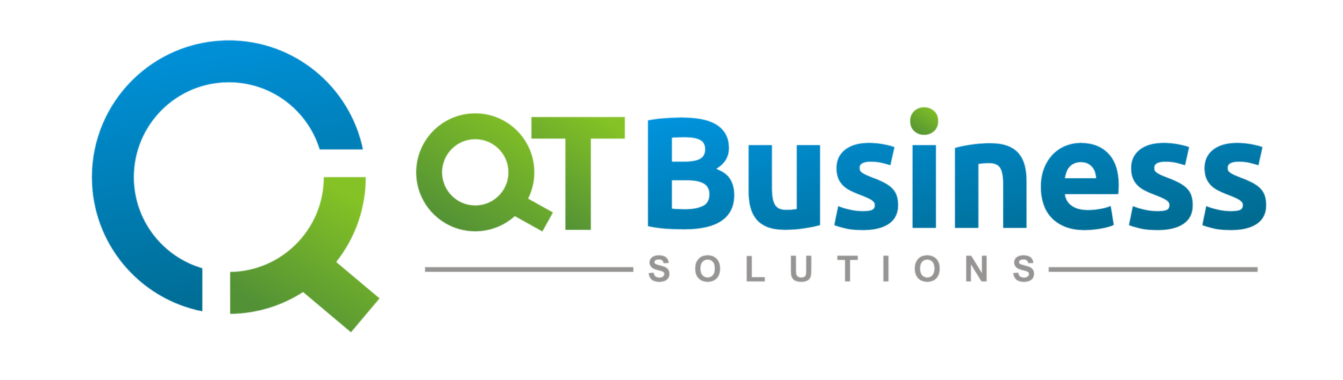 A black background with the words qt business solutions in blue and green.